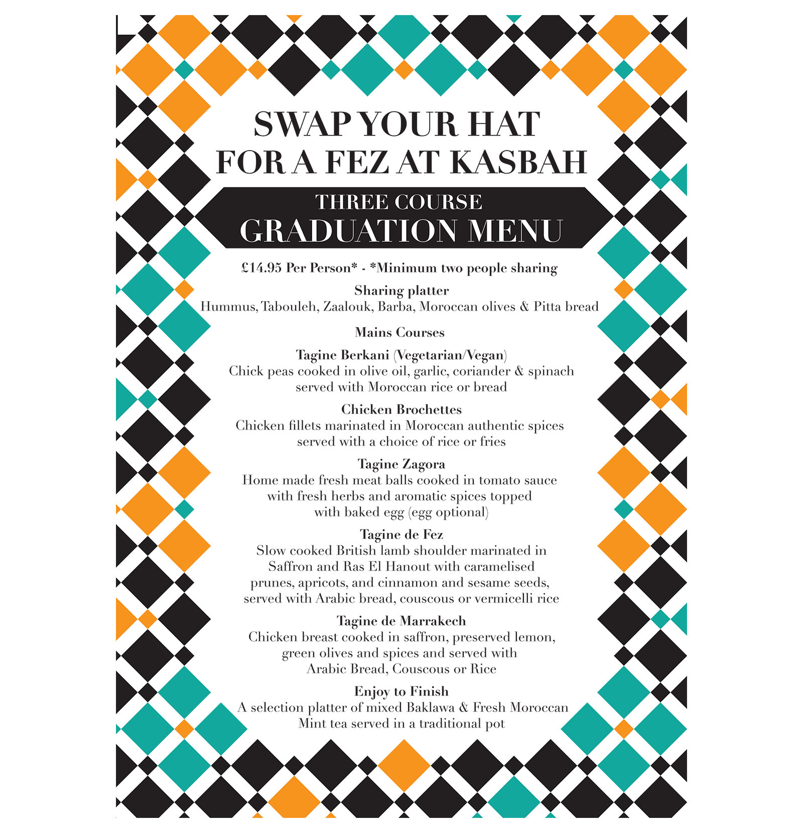 Kasbah Liverpool Graduation Menu